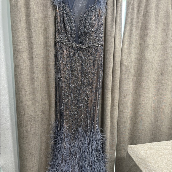 Jovani Charcoal Beaded Evening Gown